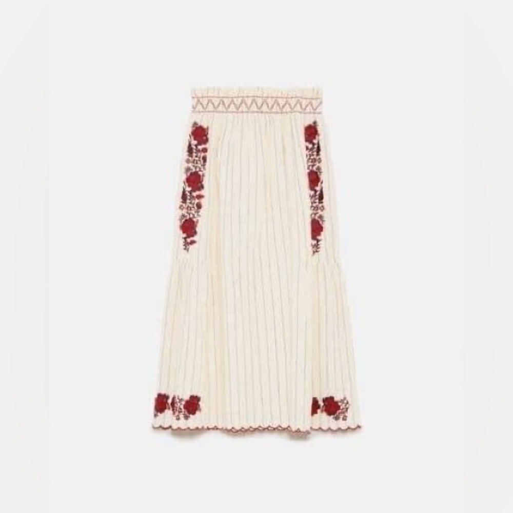 SOLD!! NWT ZARA Women’s Cream Red Pinstripe Boho Embroidered Midi Skirt S Small - Picture 2 of 4